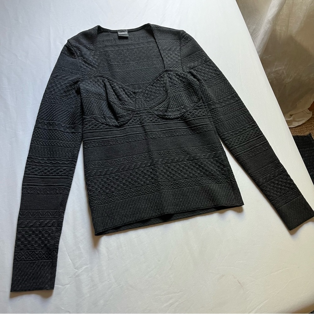 WOLFORD black dark grey chunky textured knit long sleeve top